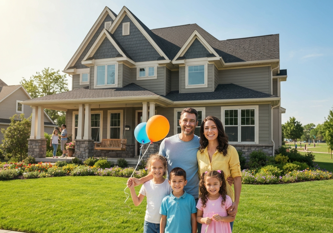 Happy family in front of their home